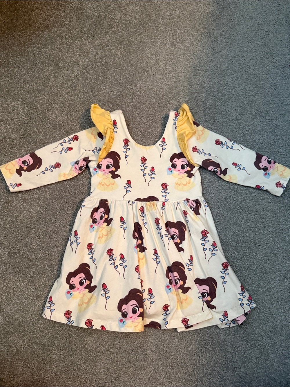 Girls' Cream Yellow Ruffle-Sleeve Disney Belle Print Dress